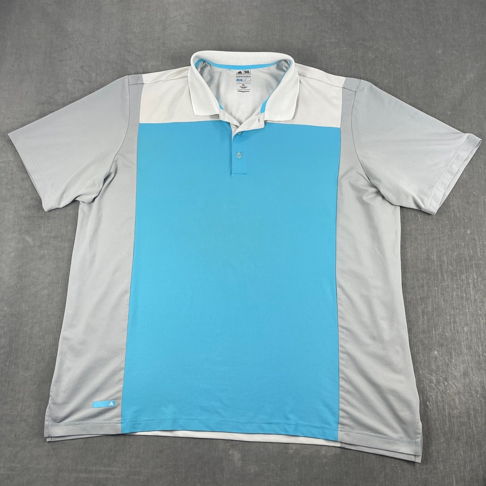 Adidas Mens 2XL Blue Grey White Polo Shirt Puremotion Coolmax Colorblock Golf
